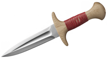 Dagger with wooden handle and red wrapping knife blade isolated on a transparent background