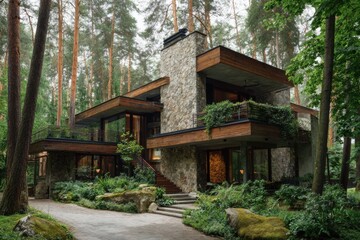 A contemporary house is nestled among lush trees along a tranquil path in the forest, basking in daylight and offering breathtaking scenic views of the surrounding greenery
