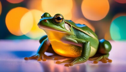 Green Frog With Yellow Belly Sits Against A Colorful Blurred Background