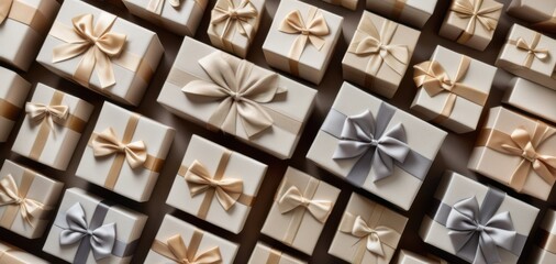 elegant gift boxes arranged on dark background, banner, concept of retail, events, marketing