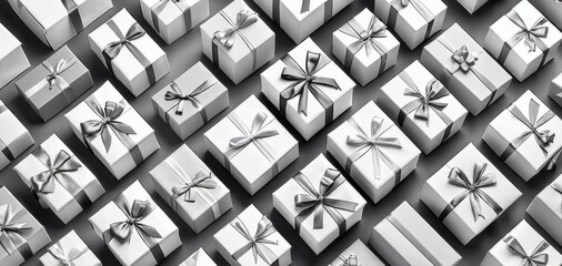many gift boxes on grey background, elegant scene, concept of retail, events, luxury, banner