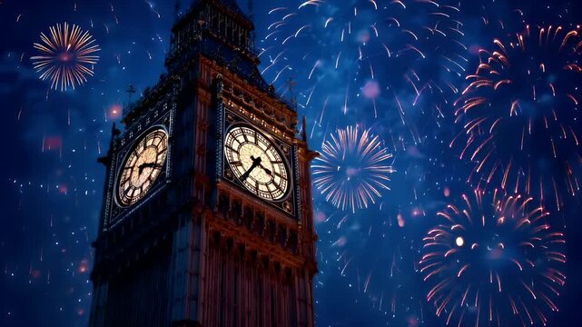 A nighttime scene featuring the iconic Big Ben clock tower, set against a backdrop of fireworks. The sky is a deep blue, speckled with bursts of vibrant colors from the fireworks.
