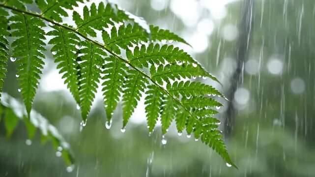 Closeup of a fern leaf with raindrops falling in a forest during a gentle rain shower.