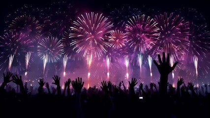 A vibrant fireworks display illuminating the night sky above a crowd of people at a concert. The silhouettes of the audience members are illuminated by the stage lights.