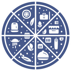 Infographic pizza chart with a diverse collection of flat icons representing food work and nature concepts