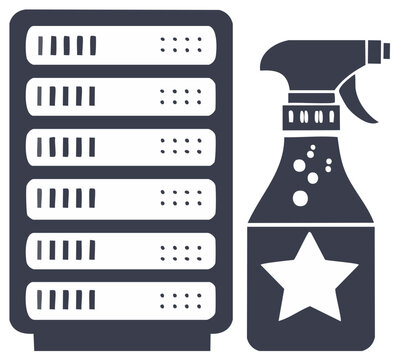 Digital hygiene and data cleaning concept with server rack and spray bottle icon