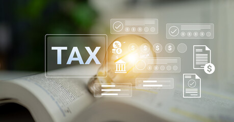 This image features a light bulb shining over an open book, symbolizing tax education and financial planning, with icons representing documents and statistics. Gantry