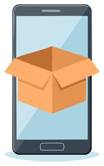 Smartphone with an open cardboard box, mobile delivery service concept