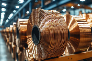 Copper wire coils stored in industrial warehouse space Generative AI