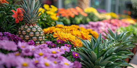 Growing pineapple fruit among colorful flowers in a garden Generative AI