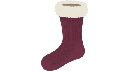 Maroon Christmas stocking with white fur cuff on black isolated on a transparent background