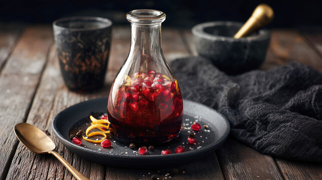Moody rustic still life of pomegranate fruit vinegar infusion in a glass bottle with seeds and citrus zest on dark plate; wooden table, gold spoon, linen, copy space