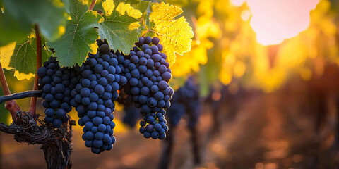 Vine grapes in vineyard during sunset hours Generative AI