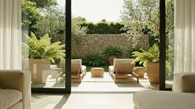 Cinematic video footage of a modern living room interior with large glass sliding doors opening to a sunny patio garden, showcasing minimal home design and natural daylight.
