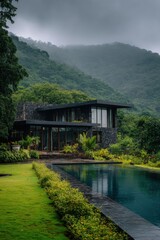 Fototapeta premium A contemporary home boasting a beautiful swimming pool is nestled next to lush green hills, set against a backdrop of a serene forest on a cloudy day