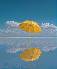 Yellow umbrella standing in calm shallow water with perfect reflection under blue sky, minimal surreal summer scene, peaceful travel and protection concept, serene coastal landscape.