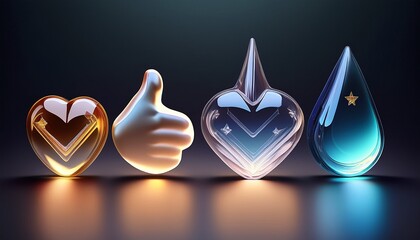 four translucent liquid shapes including a thumb up heart teardrop and star against a dark gradient background