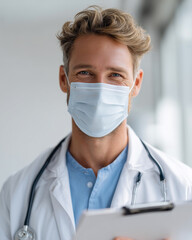 Fototapeta premium A man in a white coat is smiling and holding a clipboard