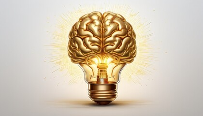 golden brain emerging from a glowing light bulb symbolizing a brilliant idea or innovation isolated on white background