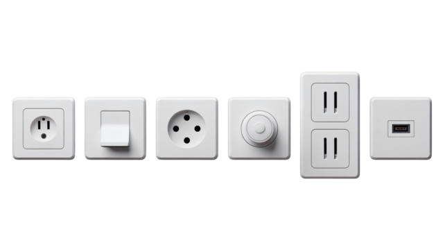 Collection of various electrical outlets in white minimalist design with soft studio lighting on seamless white background for home renovation - Powered by Adobe