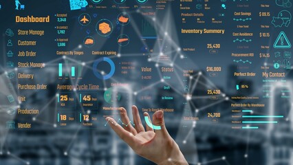 Inventory management dashboard showing supply chain performance, stock levels, order cycle times, cost reduction, and procurement ROI. Inventory tracking, and streamline warehouse efficiency. Thunk