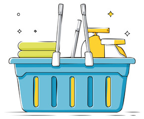 Cartoon illustration of a shopping basket full of household cleaning supplies and fresh towels