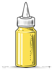 Yellow liquid in bottle with nozzle - adhesive, paint, oil, or cosmetic container, isolated on white