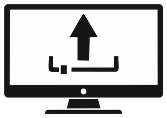 Flat screen monitor with upload arrow icon graphic symbol representing data transfer