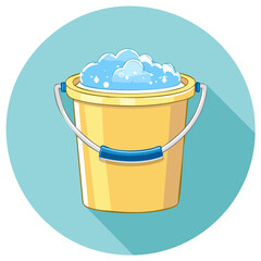 Cartoon cleaning bucket with soapy water and bubbles flat icon