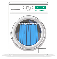 Surreal concept of washing a blue shower curtain inside a laundry machine