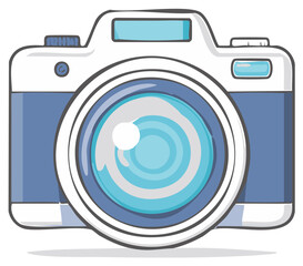Blue and White Camera Illustration with Lens Flare Depicting Photography and Memories Captured Through the Focus