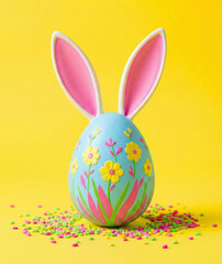 Fototapeta premium Whimsical Blue Easter Egg with Pink Bunny Ears and Floral Details on a Yellow Background