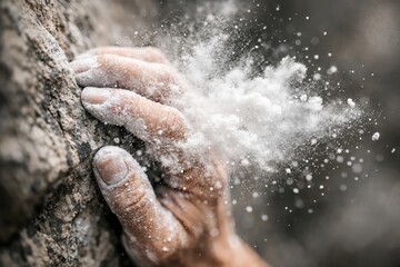 Hand gripping rock face covered in climbing chalk creating a dynamic visual of athleticism technical precision and determination in a rugged outdoor environment