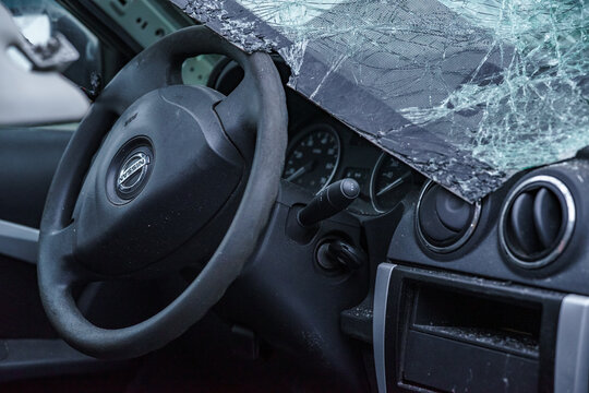 18.12.2025 - Rostov-on-Don: A car's interior is wrecked after an accident. Promoting safe driving.
