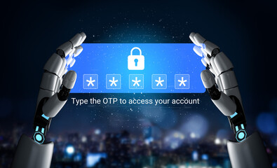 Futuristic robotic hands present a digital interface displaying a lock symbol and prompting for a one-time password in a modern city environment. Gantry