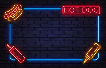 Vibrant neon hot dog frame with sauce bottles and food elements. Perfect for fast food branding, menus, or snack promotions.