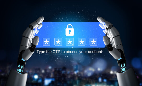 Futuristic robotic hands present a digital interface displaying a lock symbol and prompting for a one-time password in a modern city environment. Gantry - Powered by Adobe