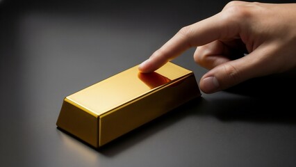 A man touches a gold bar, symbolizing wealth and investment.