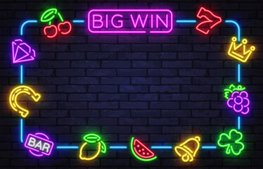 Neon big win frame with classic casino icons and glowing effects. Perfect for winning screens, promotions, or gambling ads.