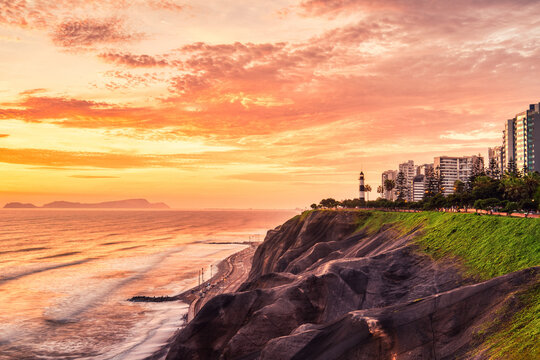 Cliffs on the Pacific Ocean Coast near Miraflores, Lima at Sunset