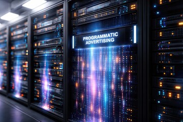 Cutting edge programmatic advertising server ecosystem illuminated by dazzling data streams showcasing advanced technology integration and digital innovation breakthroughs