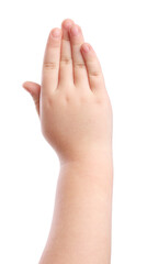 Little girl showing palm on white background, closeup © New Africa