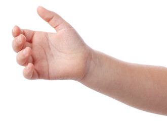 Little girl holding something on white background, closeup