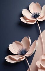 blush paper flowers on navy background with copyspace concept of design, wedding, cards