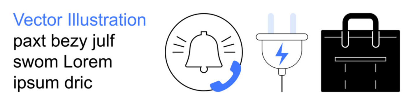 Communication tools, power supply, work essentials, alerts, connectivity, technology. Minimalist icons include bell with phone symbol, power plug and briefcase. Communication and power concepts