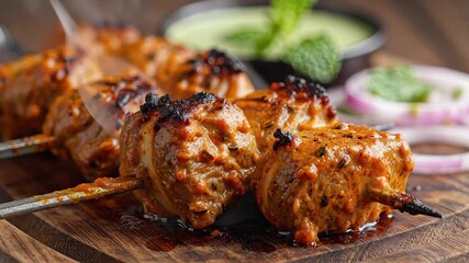 Delicious and aromatic grilled chicken tikka skewers perfectly charred and seasoned presented on a rustic wooden board with fresh mint chutney and sliced red onions showcasing authentic Indian culina.