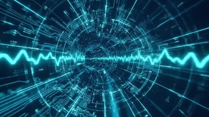 A futuristic tunnel of digital audio wave pulse, rendered in mesmerizing blue hues. The image, suitable for creative concepts of technology and sound, captures the essence of digital communication. - Powered by Adobe