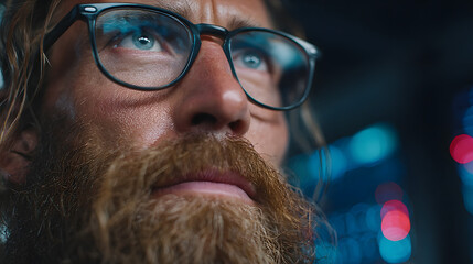 Server Room Insight: A focused data center worker with beard wearing glasses inspects rows of blinking servers, showcasing the complexity and human element of digital infrastructure.