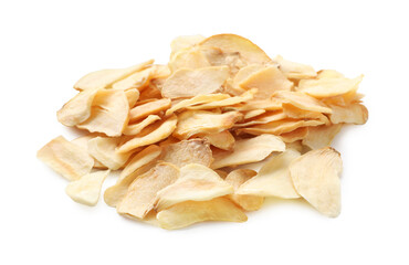 Pile of dried garlic flakes isolated on white