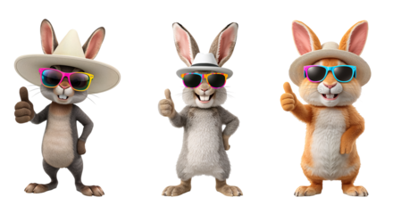 A cute cartoon rabbit in colorful glasses and a hat isolated on a transparent background